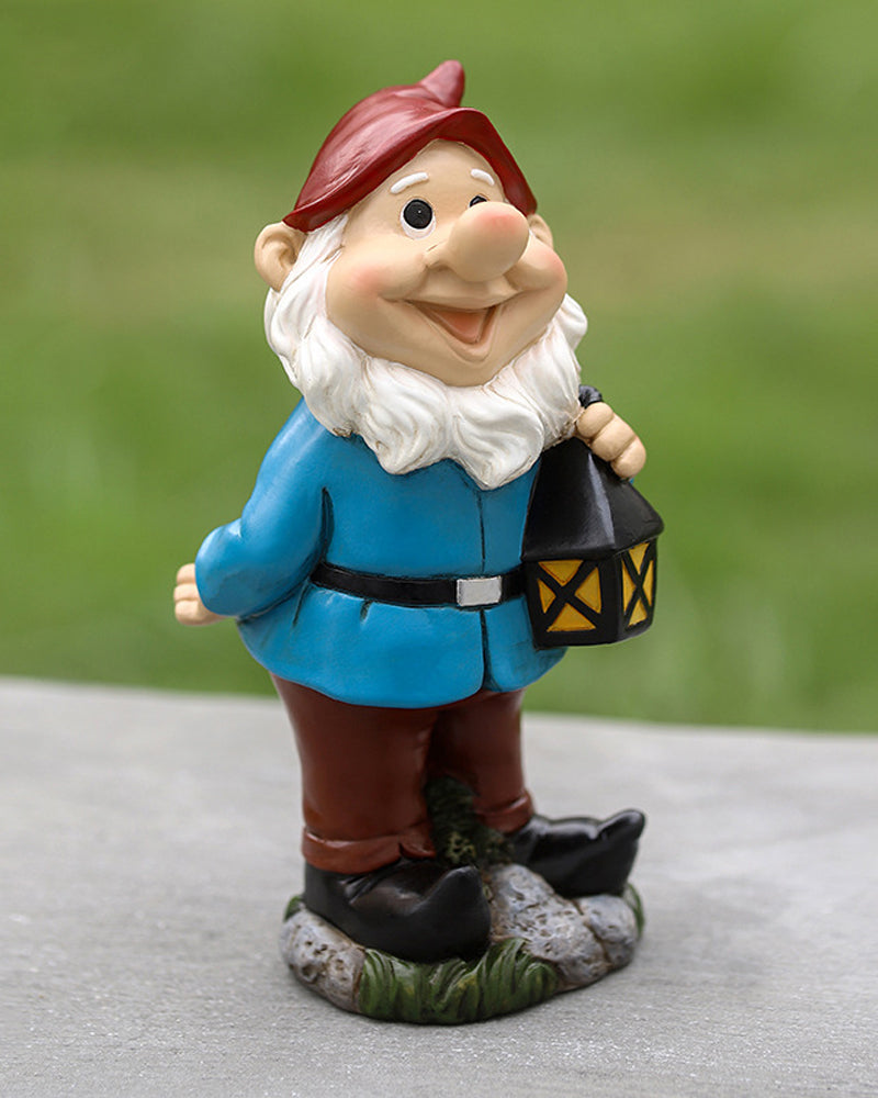 Joyful Red Hat Garden Gnome Statue with Lantern