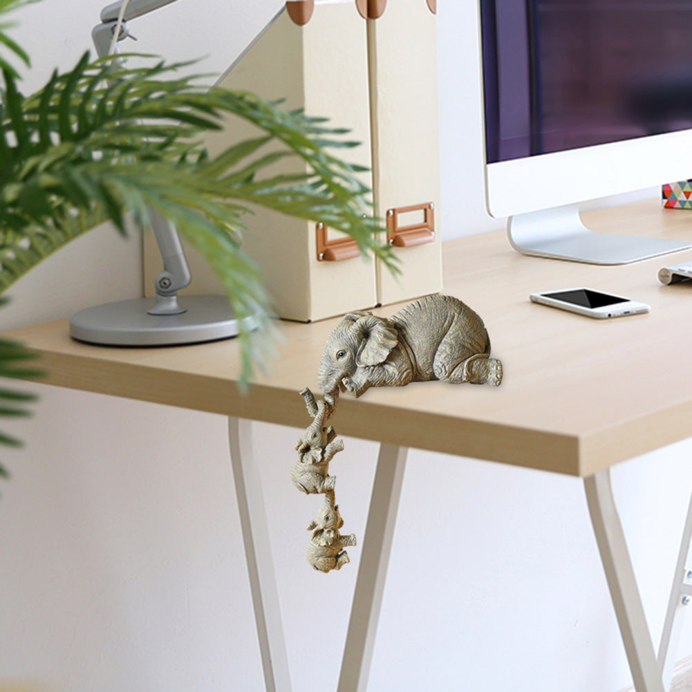 Elephant Mothers Hanging 2-Babies Figurine Animal Resin Craft Ornaments