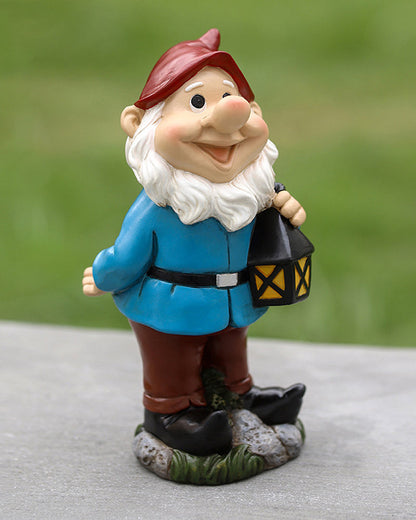Joyful Red Hat Garden Gnome Statue with Lantern