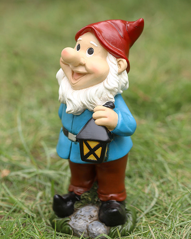 Joyful Red Hat Garden Gnome Statue with Lantern