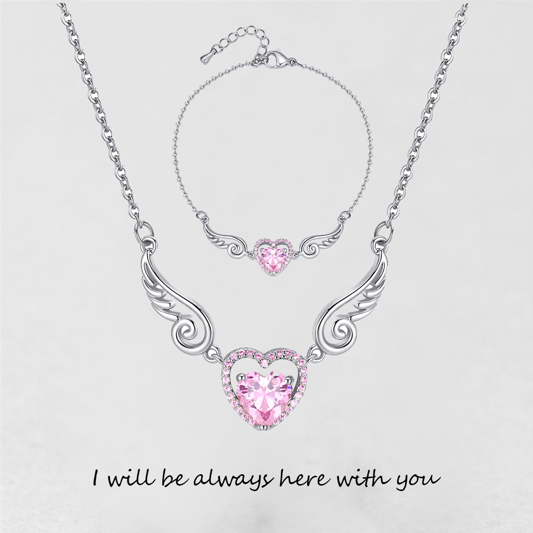 '' I Will Be Always Here With You '' Angel Wing Heart Necklace | Bracelet