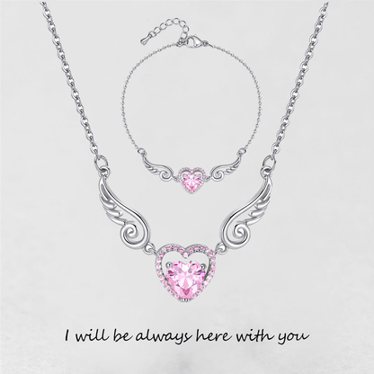 '' I Will Be Always Here With You '' Angel Wing Heart Necklace | Bracelet
