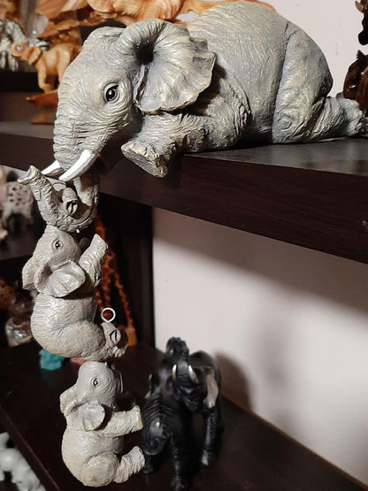 Elephant Mothers Hanging 2-Babies Figurine Animal Resin Craft Ornaments