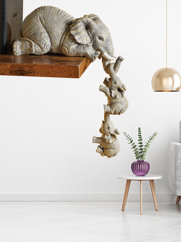 Elephant Mothers Hanging 2-Babies Figurine Animal Resin Craft Ornaments