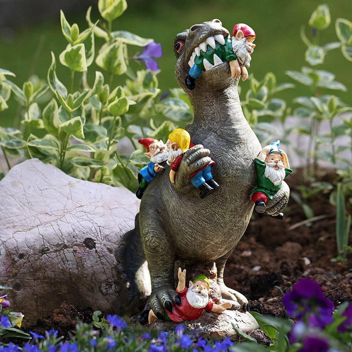 Cat/Dinosaur Eating Gnomes Garden Ornament