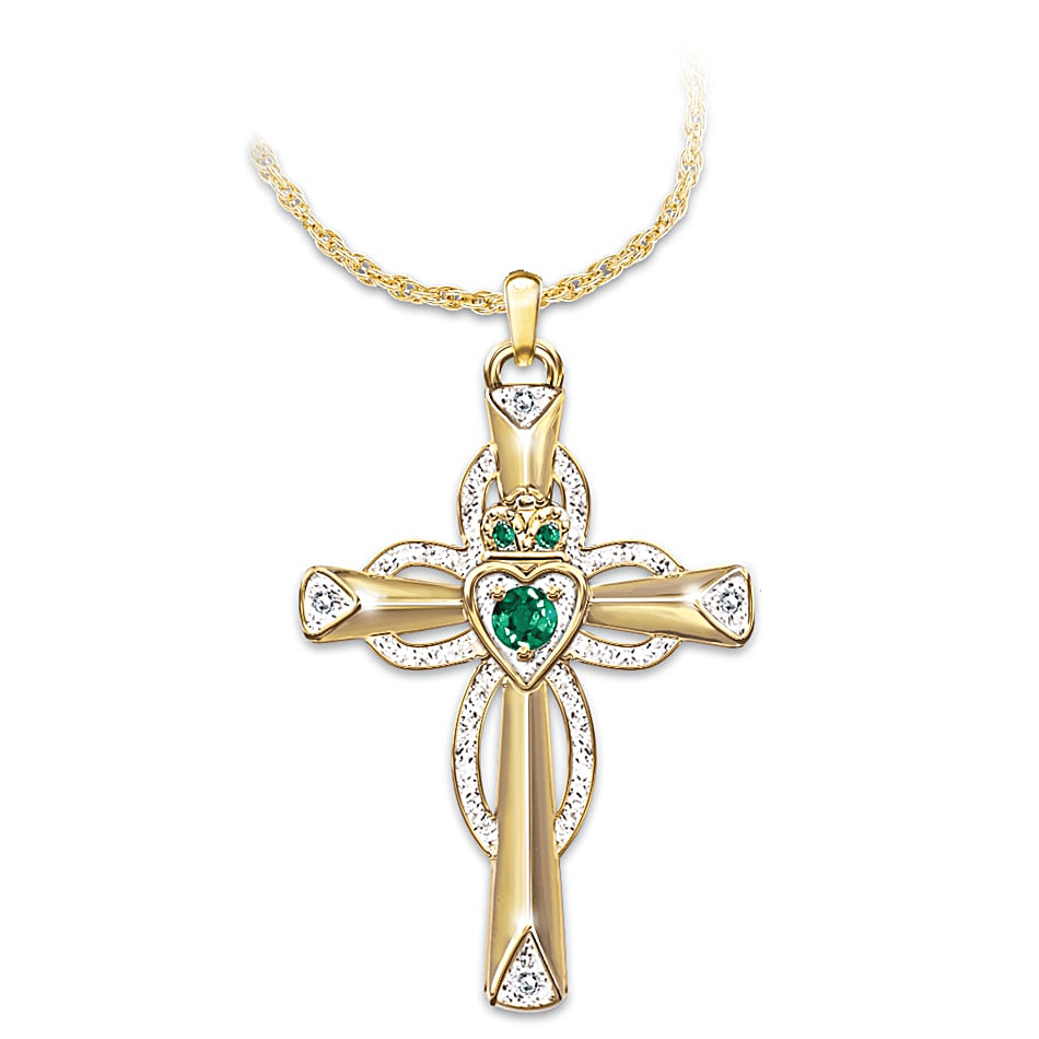 Emerald And Diamond Claddagh Cross Symbolizes Faith And Love