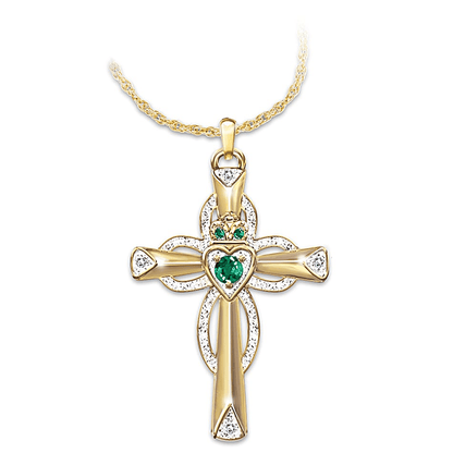 Emerald And Diamond Claddagh Cross Symbolizes Faith And Love