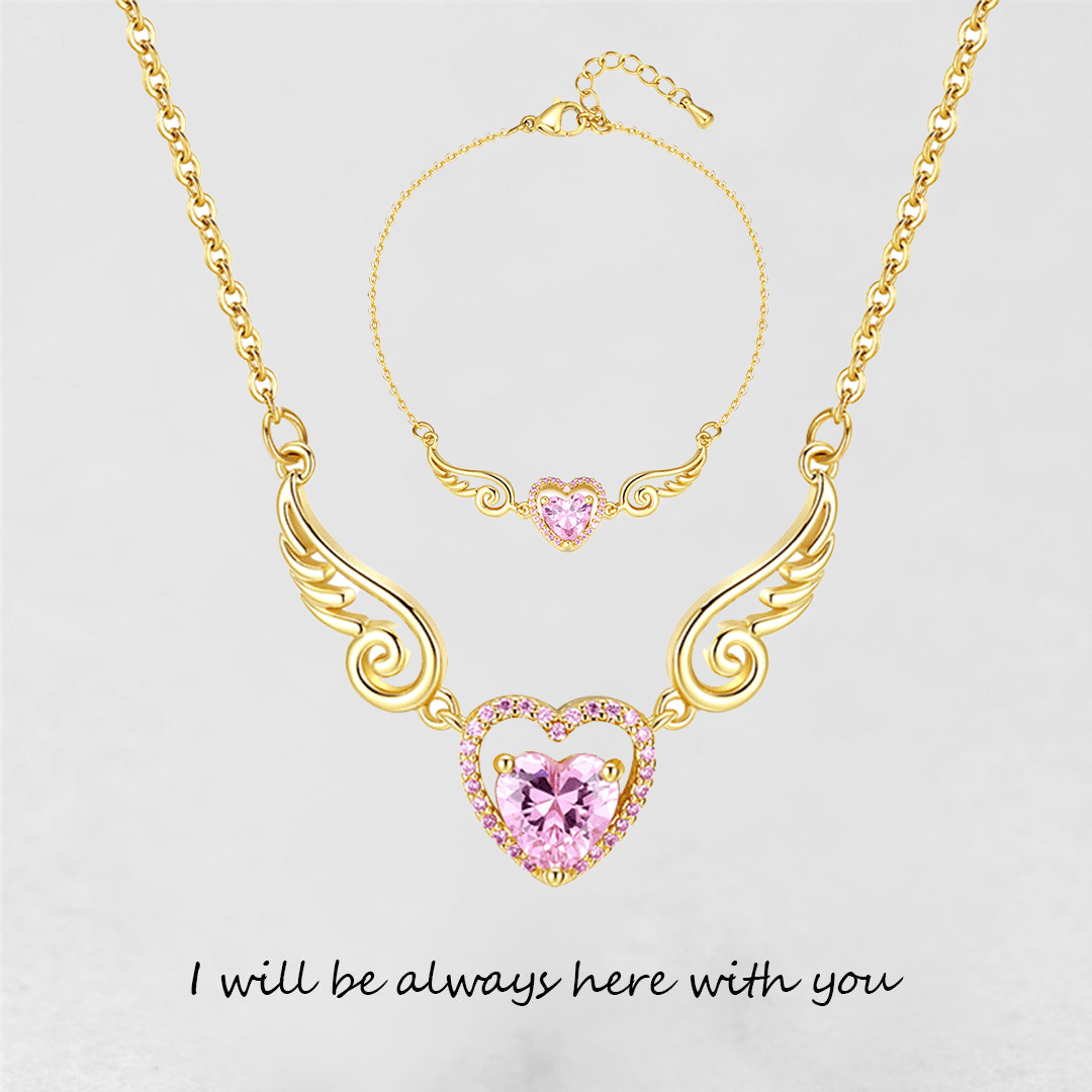 '' I Will Be Always Here With You '' Angel Wing Heart Necklace | Bracelet