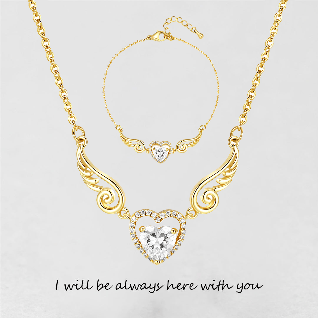 '' I Will Be Always Here With You '' Angel Wing Heart Necklace | Bracelet